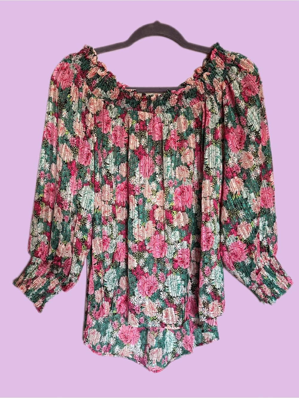 Umgee Pink & Green Floral Off-Shoulder Top